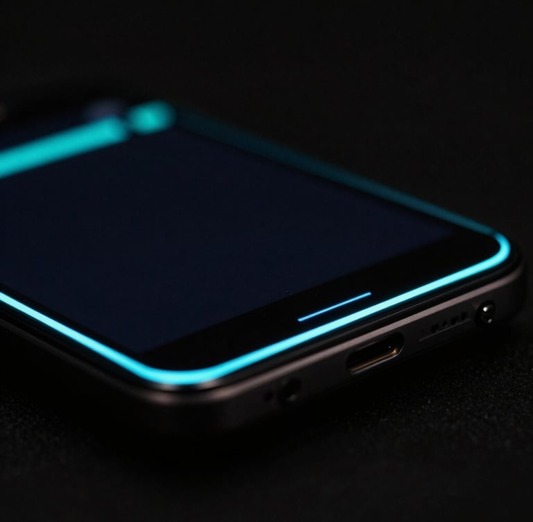 Macro photography of a physical Android device screen showing glowing cyan sub-pixel edge trigger zones, low-key lighting, dark background