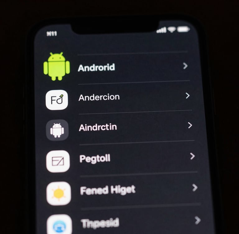 Extreme close-up macro shot of a physical Android smartphone displaying a clean, text-only monochrome launcher list, sharp typography on a deep charcoal screen, moody low-key studio lighting