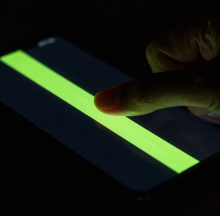 Macro shot of a thumb executing a swift edge-swipe gesture on a dark smartphone screen, neon green trail, high-contrast screen glow