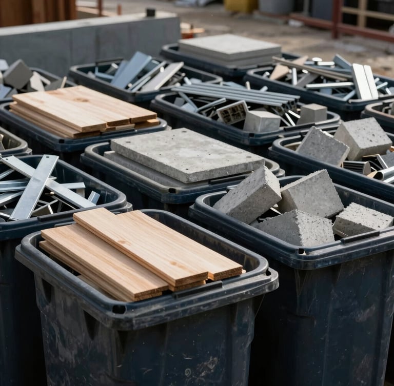 Close-up of sorted construction waste bins, clean wood, metals, and concrete pieces, organized recycling area on a construction site, sharp focus, dramatic lighting