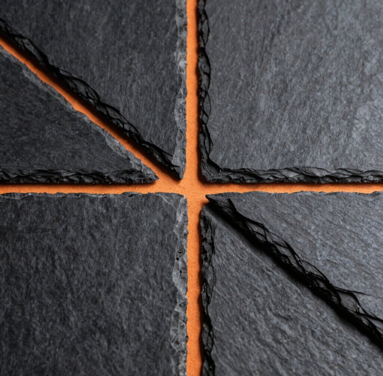 Tight macro architectural shot of pristine dark gray slate tiles with clean orange grout lines, dramatic architectural lighting, sharp focus, premium construction