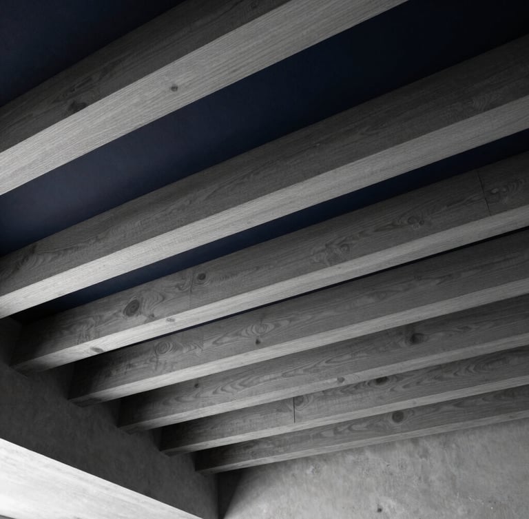 Low angle shot of a clean, modern timber ceiling structure with perfectly aligned wooden slats, high-contrast architectural lighting, deep shadows, premium finish