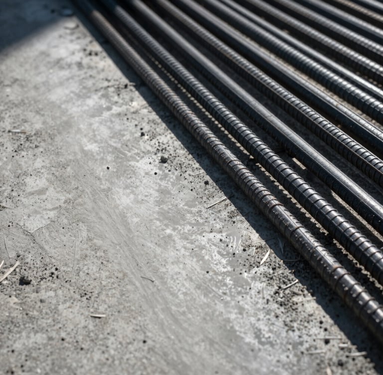 Close-up of freshly poured smooth concrete surface next to clean steel reinforcement bars, dramatic architectural side-lighting, high contrast, industrial premium feel, 35mm lens.