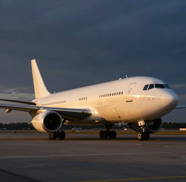 A pristine cargo aircraft parked on a runway at twilight, dramatic low-angle golden hour sunlight reflecting off the fuselage, deep navy and gold tones, wide-angle cinematic editorial photography