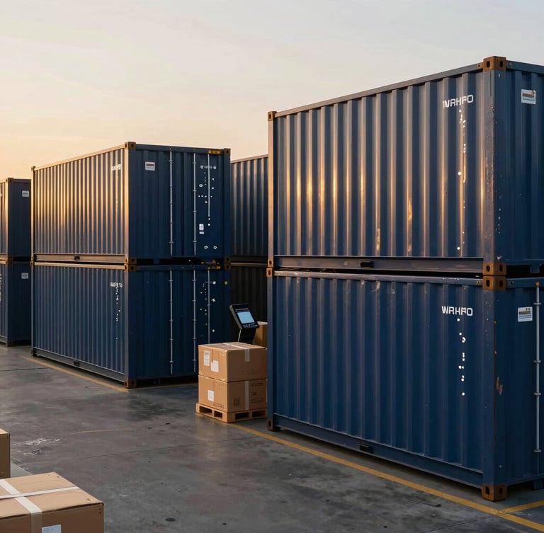 A clean, modern logistics warehouse with organized cargo containers and a high-end electronic package being carefully inspected under soft golden hour light.