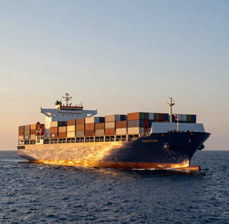 A modern container ship navigating deep blue ocean waters during golden hour, wide cinematic environmental shot showing immense scale, sharp commercial detail