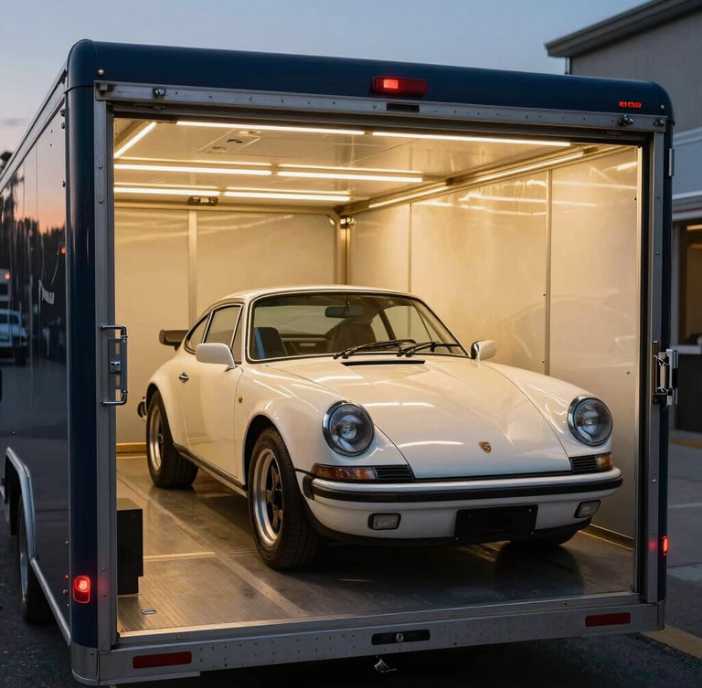 A pristine classic sports car parked inside a secured, custom-engineered enclosed trailer, high-contrast twilight lighting, sharp metallic details of locking mechanisms.