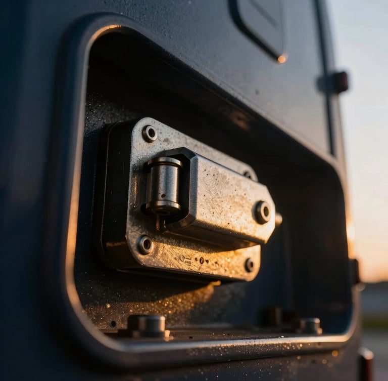 Close-up macro shot of a heavy steel locking mechanism on an enclosed transport bay, dramatic low-angle golden hour sunlight, sharp metallic textures.
