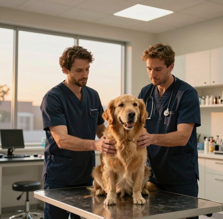 A professional veterinarian gently examining a calm golden retriever in a clean, modern clinic, warm natural light, cinematic editorial style