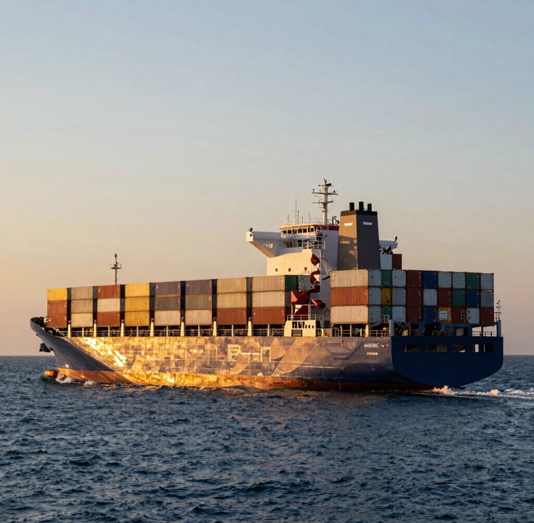 Wide-angle cinematic shot of a modern container ship navigating deep blue waters at golden hour twilight, sharp commercial detail