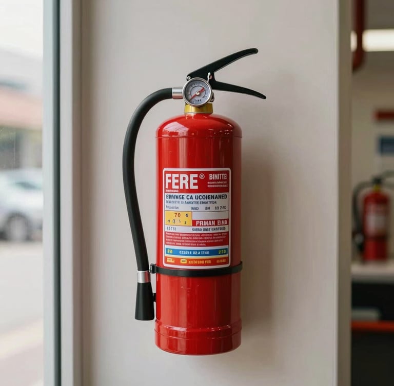 A clean commercial corridor with a certified red fire extinguisher mounted securely on a neutral wall, bright natural daylight from a nearby window, sharp focus on the pressure gauge and safety pin.