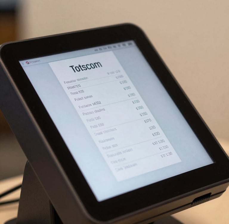 Close-up of a modern touchscreen POS billing terminal displaying a receipt, sharp focus, clean background