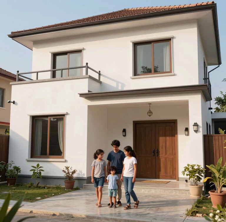 A bright, modern family home in Ghaziabad, warm natural sunlight filtering through windows, clean and secure atmosphere.