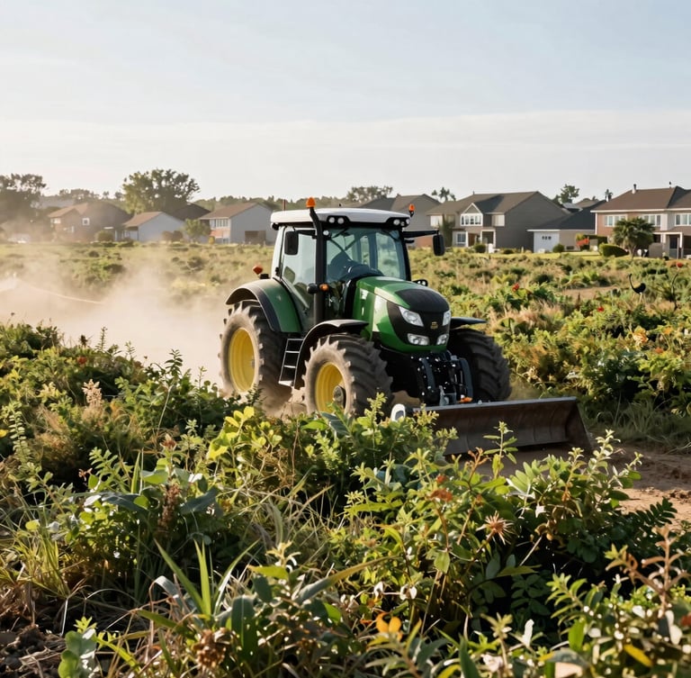 Wide-angle action shot of a professional tractor clearing dense wild brush on a residential estate, bright morning sun, dust particles in the air, crisp details.