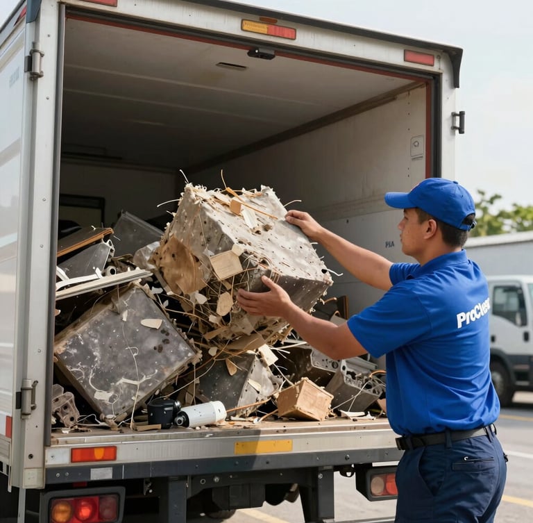 A uniformed crew member in a royal blue shirt actively loading heavy debris into a clean, branded ProClear trailer under bright morning daylight.