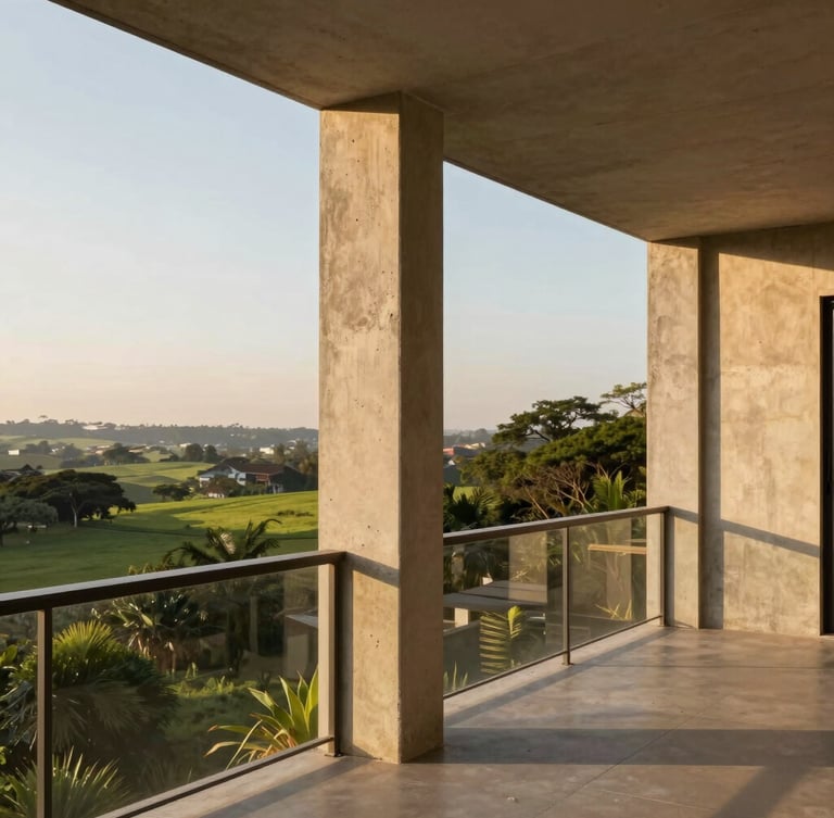 Sun-drenched gourmet balcony with minimalist concrete pillars, overlooking a quiet green landscape in São José do Rio Preto, late afternoon golden hour light.