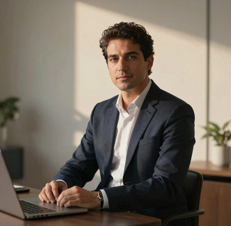 Retrato corporativo elegante de um consultor de negócios em um escritório minimalista com iluminação natural suave de fim de tarde, foco nítido, estilo editorial.