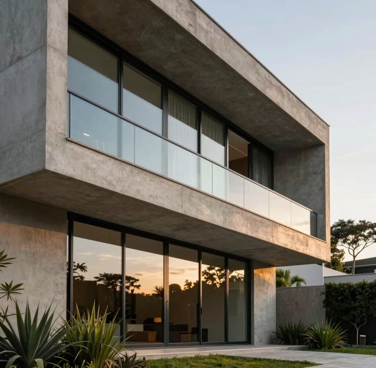 Architectural close-up of a modern high-end concrete and glass villa facade in São José do Rio Preto, warm late afternoon golden light, clean geometric lines, minimalist landscaping.