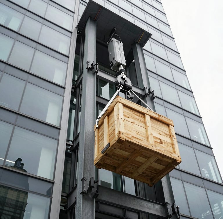 A specialized hydraulic moving elevator extending high up against a modern glass office building facade in Quito, securing a heavy wooden crate, low-angle shot, bright daylight.