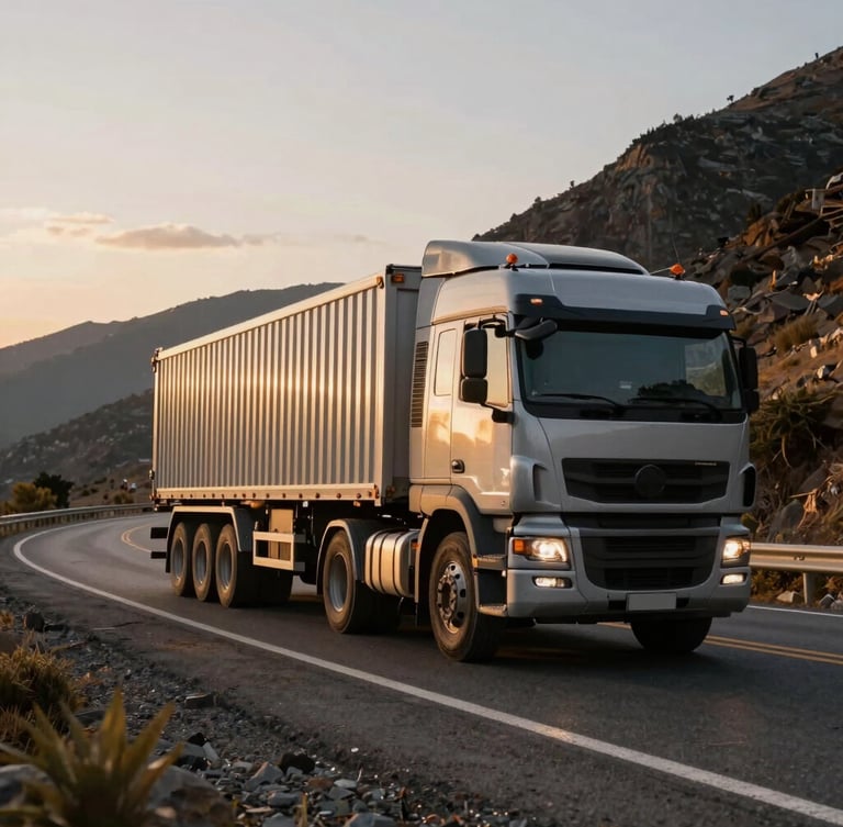 Low-angle wide shot of a multi-axle heavy transport truck navigating a winding Andean mountain highway under dramatic golden hour morning light, high contrast, industrial power.