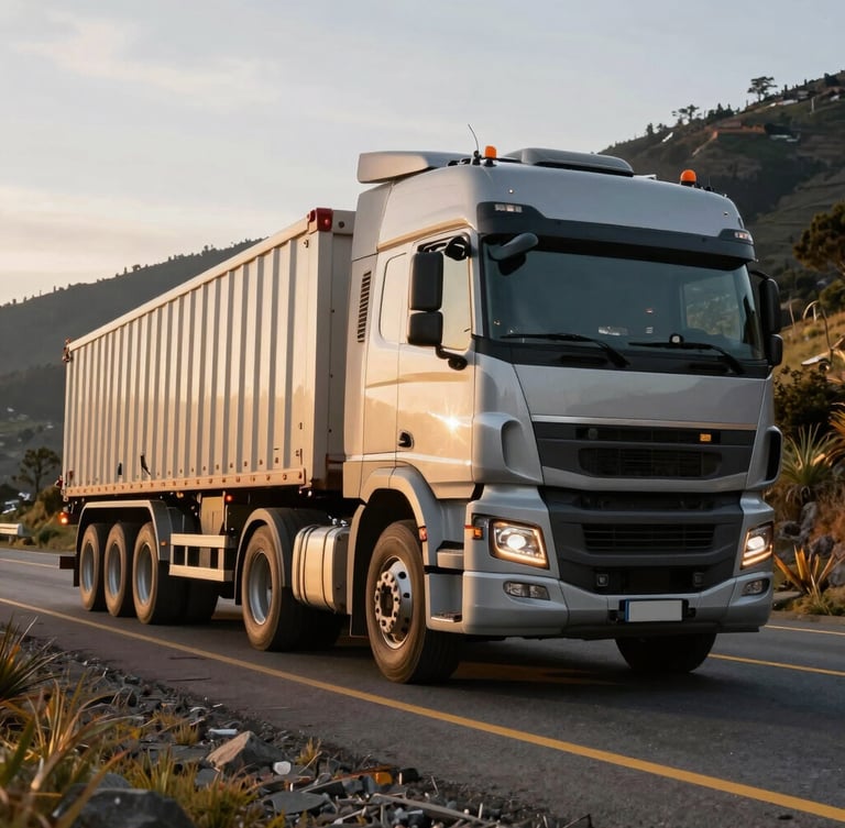 Low-angle wide shot of a multi-axle heavy transport truck ascending an Andean mountain highway in Ecuador, morning golden hour light hitting the cab, sharp focus on the vehicle scale, professional photography.