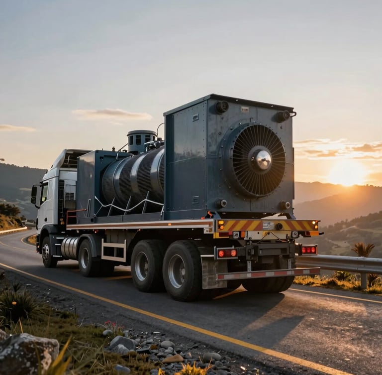 Low-angle wide shot of a heavy-duty multi-axle transporter truck carrying a massive industrial generator on a winding Andean highway in Ecuador at early morning golden hour, dramatic lighting, high contrast.