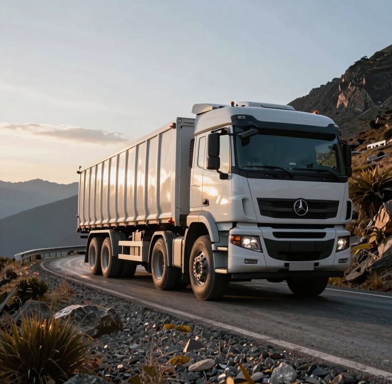 Low-angle wide shot of a heavy-duty multi-axle cargo truck navigating a winding Andean mountain pass at sunrise, high-contrast dramatic morning light, sharp details of the vehicle chassis.