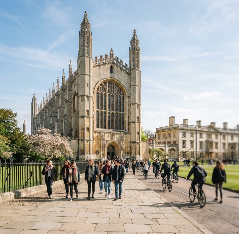 Wide panoramic shot of Cambridge University's King's College Chapel, historic architecture, bright natural daylight, students walking by, shallow depth of field, 35mm
