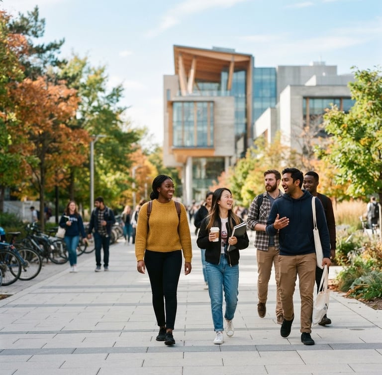 Bright, natural daylight shot of diverse students walking on a modern Canadian university campus, iconic campus architecture in the background, shallow depth of field, 35mm