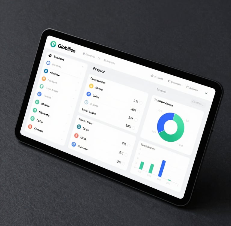 A crisp, high-fidelity UI mockup of the Globilise translator dashboard showing project tracking, active word counts, and financial analytics on a dark slate background