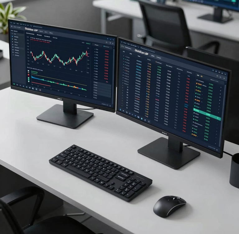 Overhead shot of a clean modern workspace under cool daylight, dual monitors displaying the Globilise LSP dashboard with automated handoff queues and financial charts.