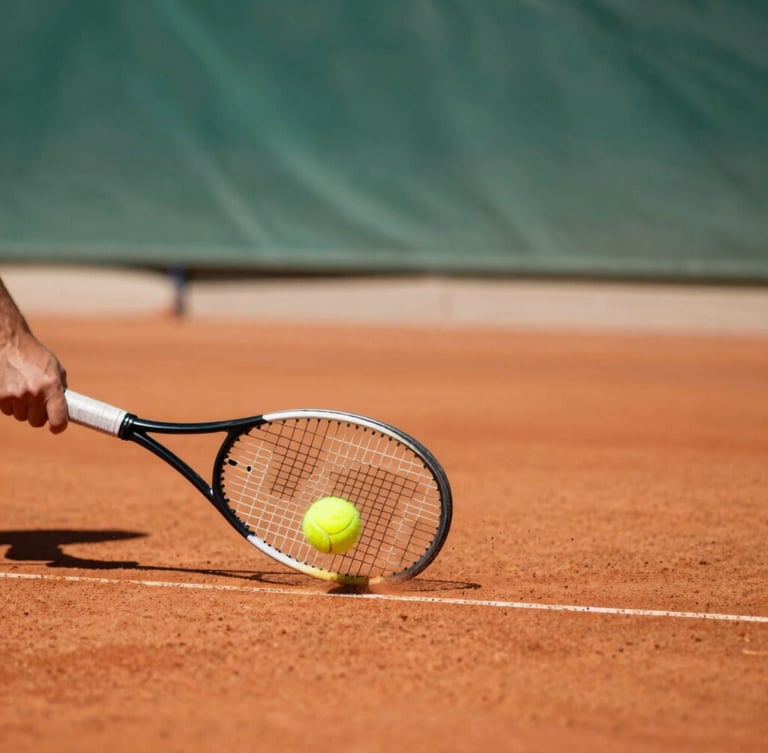 Dynamic close-up of a tennis racket striking a yellow ball on a sunny clay court, red dust flying, bright daylight, 35mm