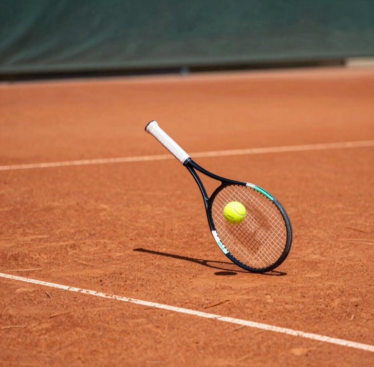 Dynamic action shot of a tennis racket striking a yellow ball on a sunny red clay court, bright natural daylight, shallow depth of field, 35mm
