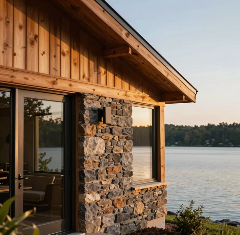 Architectural close-up of a modern lakefront home exterior, natural cedar and stone facade, warm evening light, calm water visible in the background.