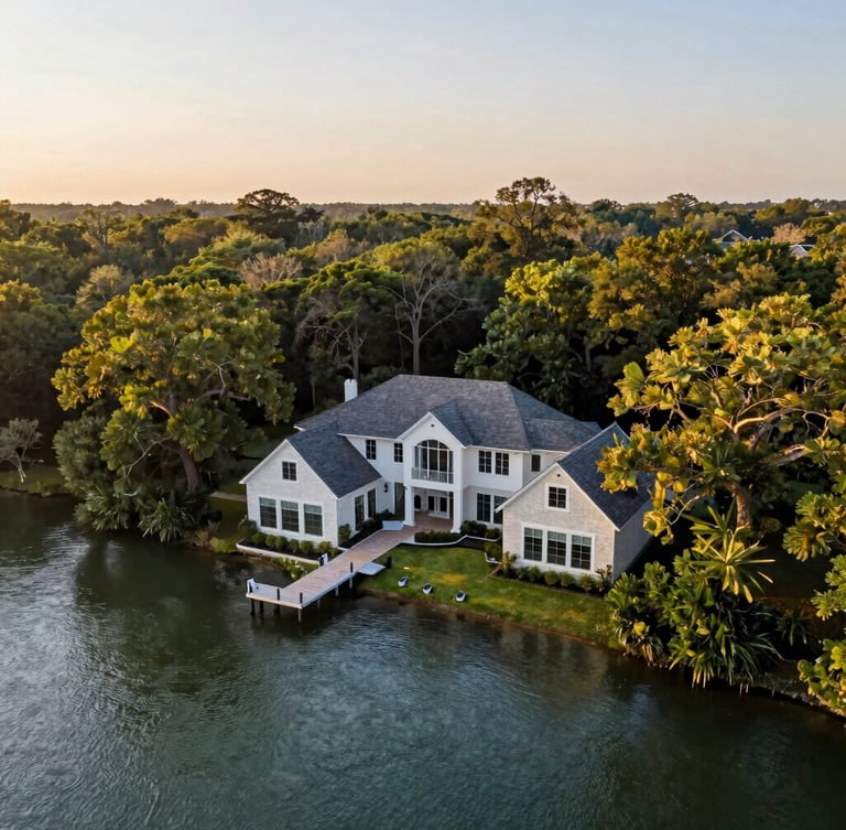 Wide environmental drone shot of a wooded Texas cove at golden hour, architectural lakefront home nestled in trees, private dock extending into calm water.
