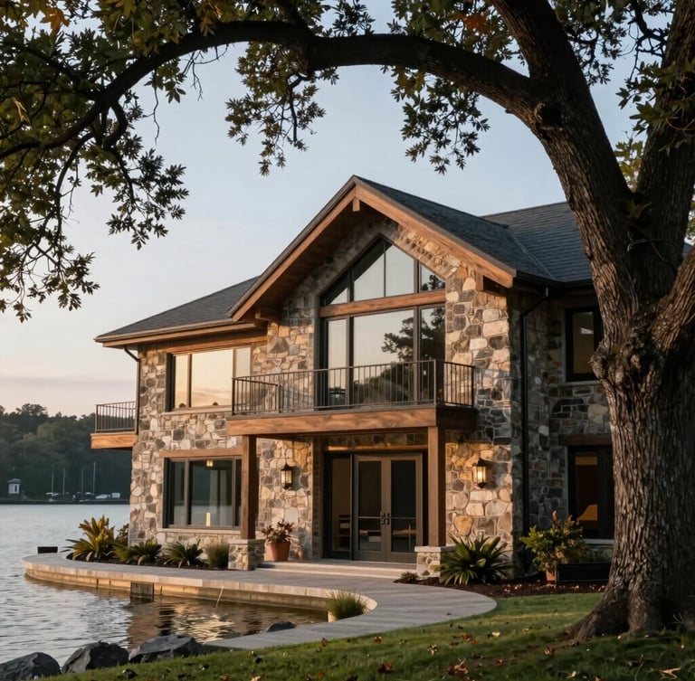 A close-up architectural shot of a modern stone-and-timber lakefront estate facade on Eagle Mountain Lake, framed by mature oak trees, soft morning light.