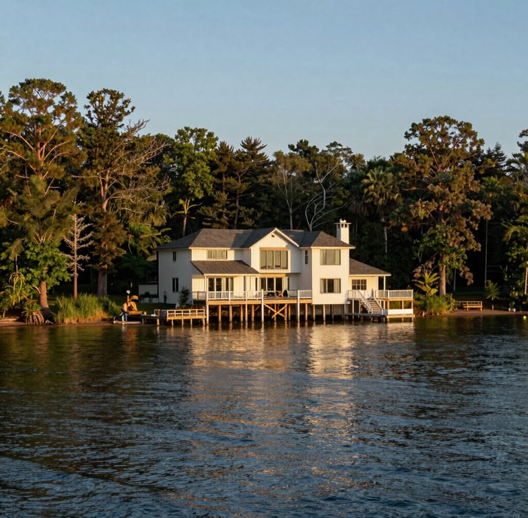 Wide environmental shot of Lake Grapevine's wooded shoreline at golden hour, showing the relationship between a custom lakefront home and the quiet water cove.