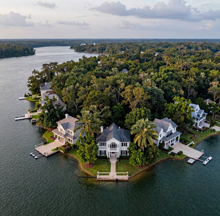 An aerial drone view of a heavily wooded peninsula on Lake Lewisville, luxury homes nestled among mature trees with private boat slips, soft overcast daylight.