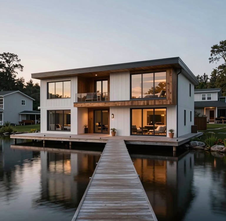 Architectural close-up of a modern maritime-editorial lakefront home with a private wooden dock at dusk, soft warm light reflecting off the calm water of Cedar Creek.