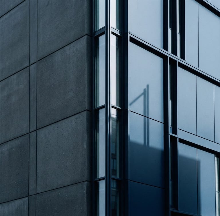 Minimalist architectural photography with clean vertical lines, cool diffused daylight, sharp shadows, deep navy tones, 35mm.