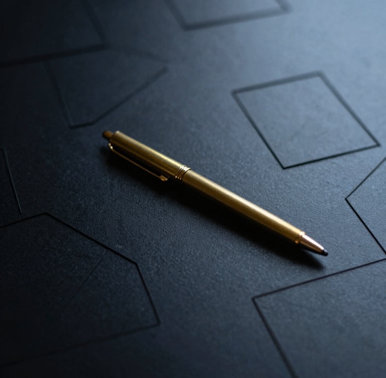 Macro close-up of a matte black desk with a single brass pen resting on structured paper wireframes, sharp architectural shadows, cool diffused daylight, 35mm