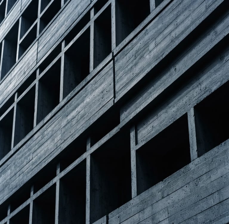 Minimalist macro shot of a structured architectural concrete facade with clean lines and sharp shadows under cool daylight, high-contrast, 35mm