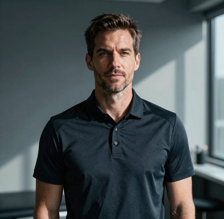 Professional portrait of therapist Dan Miller in a clean, modern clinical setting, wearing a dark athletic polo, looking confident, 35mm lens, dramatic natural light.