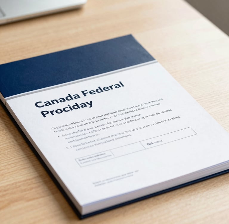Close-up of a neatly bound Canadian federal procurement bid proposal on a clean wooden desk, bright natural morning light, sharp focus
