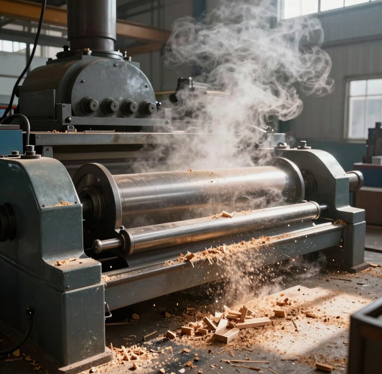 Wide-angle shot of a heavy industrial rotary peeling lathe in motion, steam rising from mechanical dryers in the background, sharp direct sunlight illuminating wood shavings.