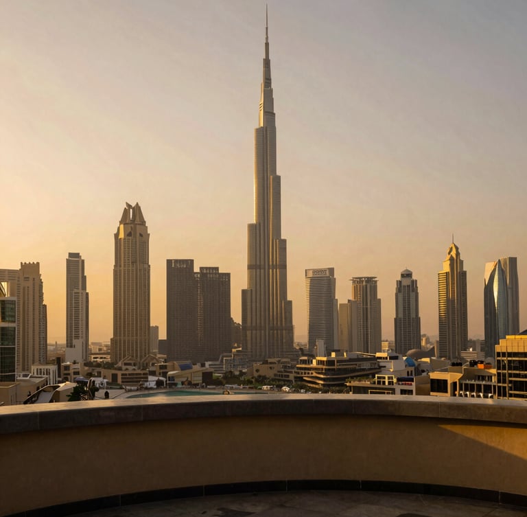 Left-aligned bleed image showing the Dubai skyline at golden hour from a private terrace, warm editorial travel photography, 35mm
