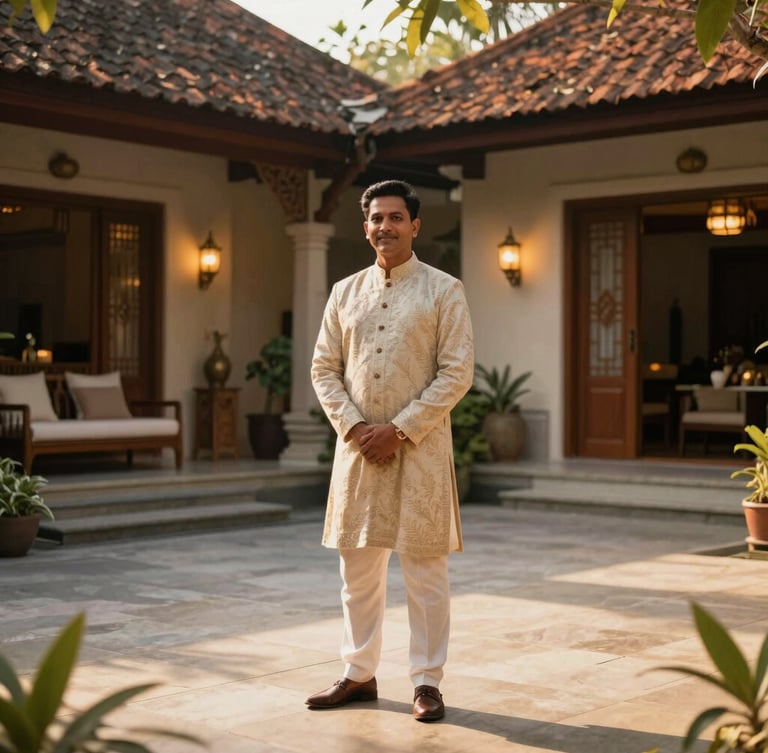 Elegant Indian host in refined attire standing in a sun-drenched luxury villa courtyard in Bali, warm lighting, editorial composition, 35mm