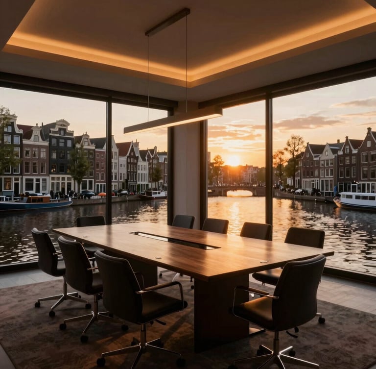 A high-end modern corporate boardroom overlooking the Amsterdam canals at sunset, warm ambient interior lighting, rich saturated tones, 35mm editorial style