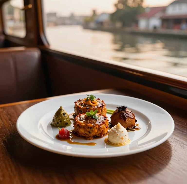 Close-up of a beautifully plated gourmet Indian-inspired dish served on a private canal boat, warm interior ambient lighting, elegant composition, 35mm