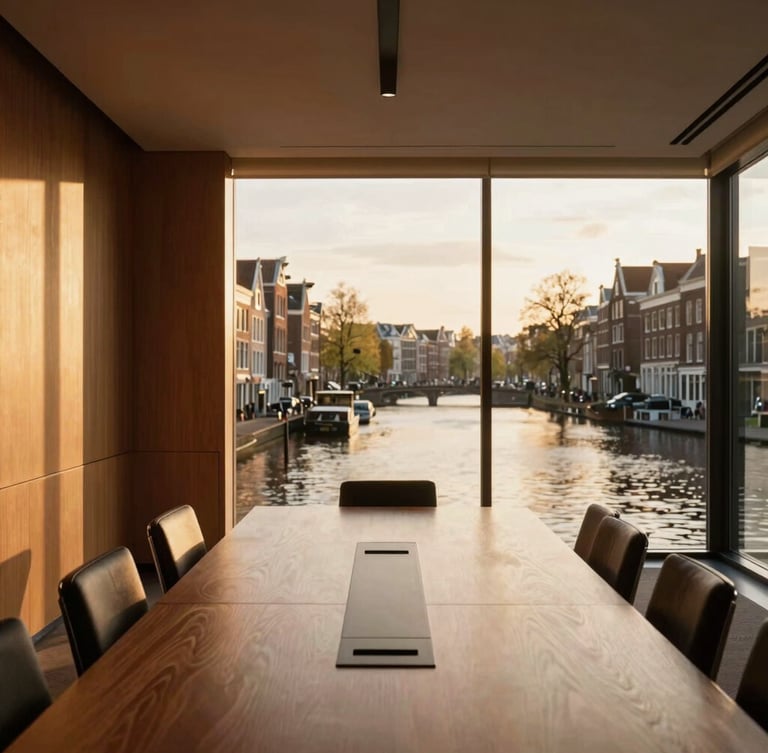 A scenic modern boardroom in Amsterdam overlooking historical canals, warm golden-hour sunlight filtering through large windows, elegant minimal design, 35mm photography